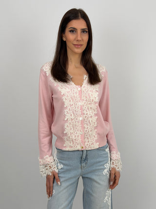Cardigan Rosa con Pizzo