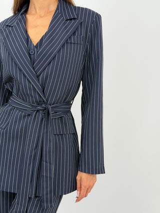Completo Giacca con Cintura e Pantalone Gessato Blu