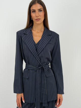 Completo Giacca con Cintura e Pantalone Gessato Blu