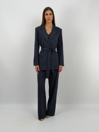 Completo Giacca con Cintura e Pantalone Gessato Blu