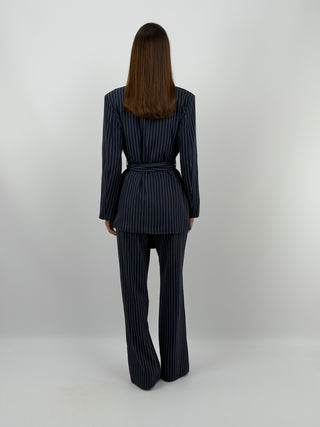 Completo Giacca con Cintura e Pantalone Gessato Blu