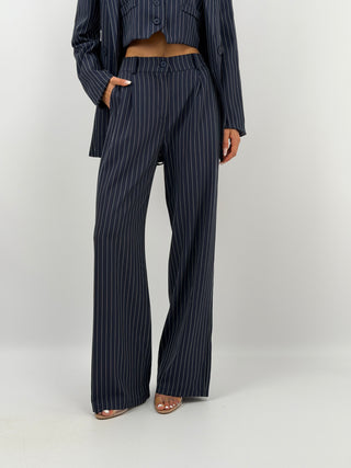 Completo Giacca con Cintura e Pantalone Gessato Blu