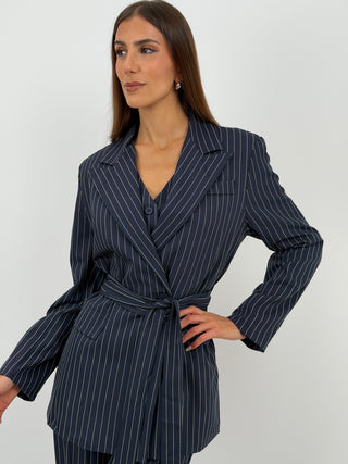 Completo Giacca con Cintura e Pantalone Gessato Blu