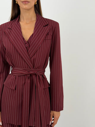 Completo Giacca con Cintura e Pantalone Gessato Bordeaux