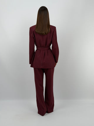 Completo Giacca con Cintura e Pantalone Gessato Bordeaux
