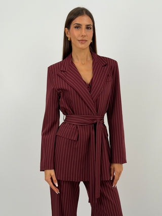 Completo Giacca con Cintura e Pantalone Gessato Bordeaux