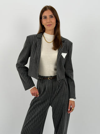 Tailleur con Blazer Cropped Gessato Grigio Scuro