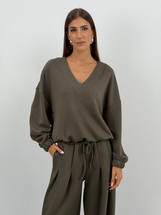 Completo Felpa e Pantalone Scollo V Verde Militare Lumina