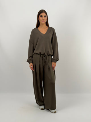 Completo Felpa e Pantalone Scollo V Verde Militare Lumina