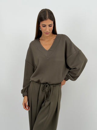 Completo Felpa e Pantalone Scollo V Verde Militare Lumina