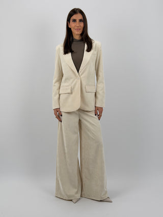 Tailleur Giacca e Pantalone in Velluto a Coste Strette Crema