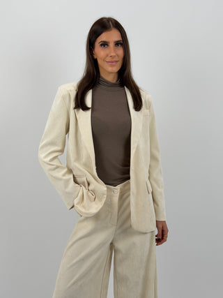 Tailleur Giacca e Pantalone in Velluto a Coste Strette Crema