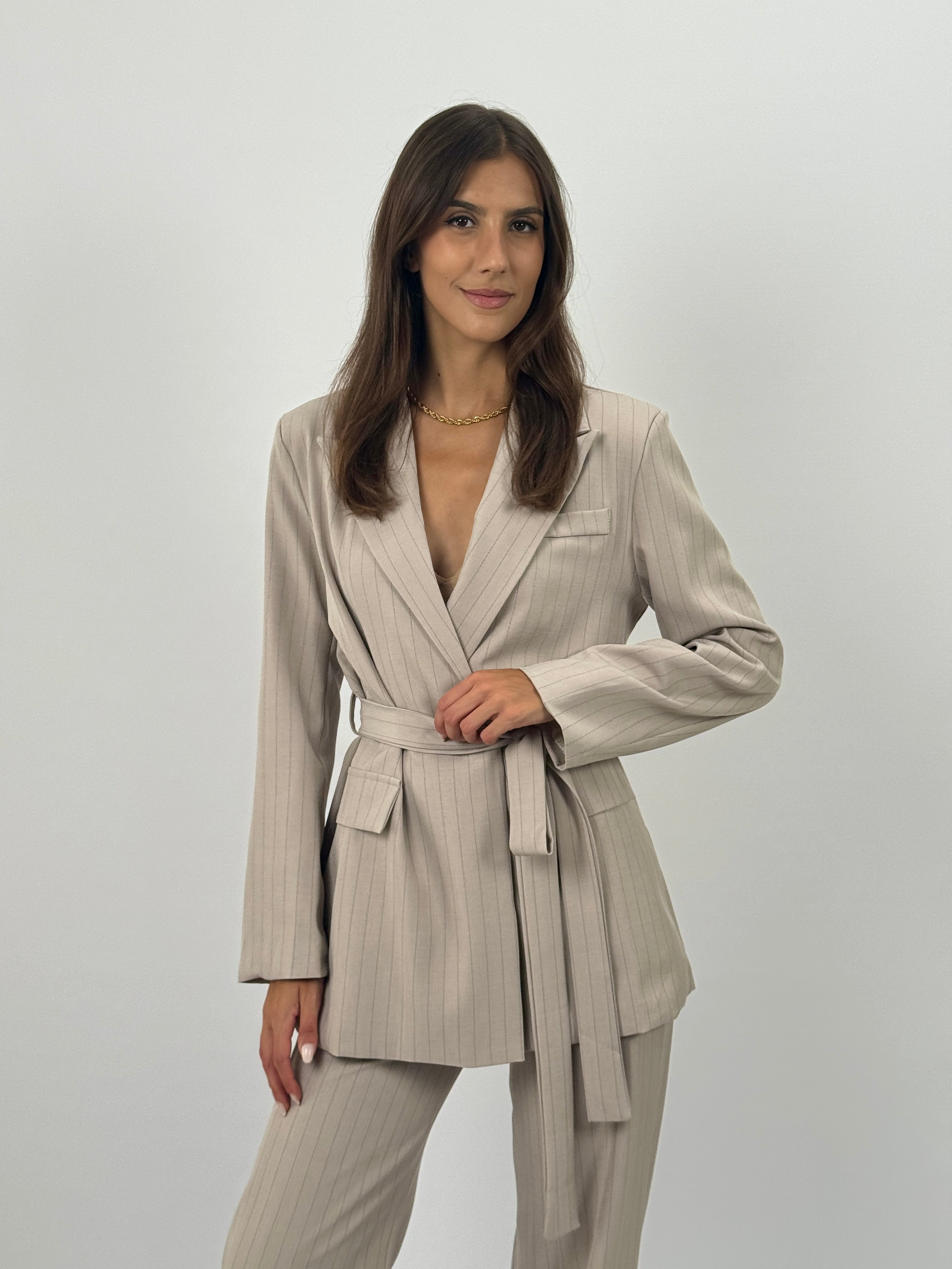 Completo Tailleur Sabbia Gessato Blazer e Pantalone Palazzo
