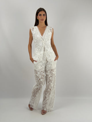 Set Gilet e Pantalone con Pizzo Bianco Lumina - Coordinato bianco Lumina con gilet e pantalone in pizzo traforato | Paloma Store