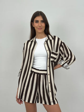 Completo Camicia e Shorts a Righe Marroni