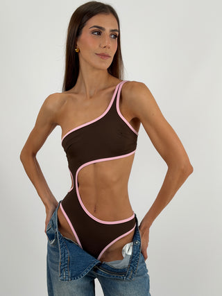 Costume Intero Marrone con Bordo a Contrasto