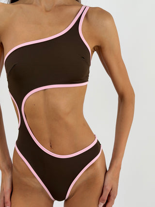 Costume Intero Marrone con Bordo a Contrasto