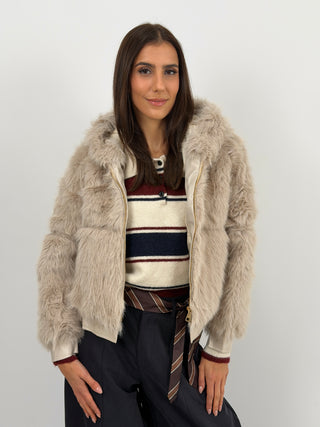Pelliccia con Zip e Cappuccio Bormio Beige