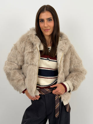 Pelliccia con Zip e Cappuccio Bormio Beige