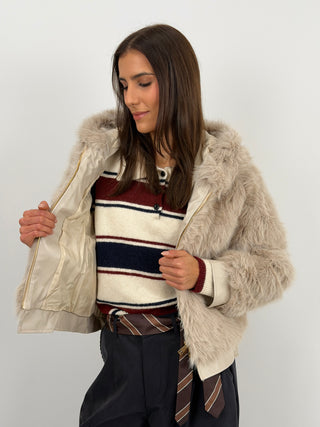 Pelliccia con Zip e Cappuccio Bormio Beige