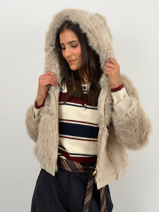 Pelliccia con Zip e Cappuccio Bormio Beige
