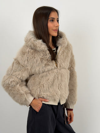 Pelliccia con Zip e Cappuccio Bormio Beige