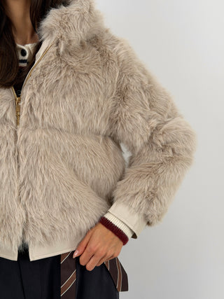 Pelliccia con Zip e Cappuccio Bormio Beige