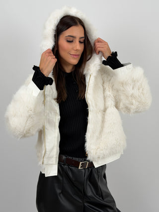 Pelliccia con Zip e Cappuccio Bormio Bianca