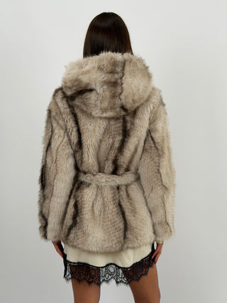 Pelliccia con Cintura e Cappuccio Megève Greige