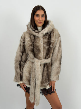 Pelliccia con Cintura e Cappuccio Megève Greige