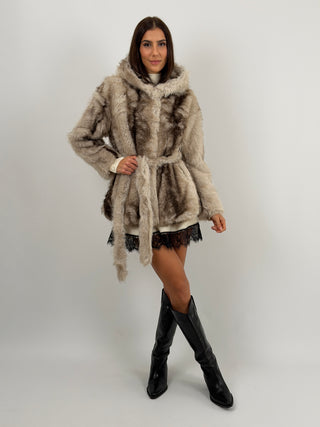Pelliccia con Cintura e Cappuccio Megève Greige