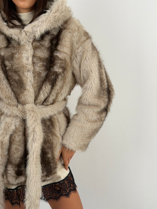 Pelliccia con Cintura e Cappuccio Megève Greige
