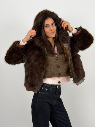 Pelliccia con Zip e Cappuccio Bormio Marrone