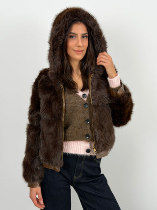 Pelliccia con Zip e Cappuccio Bormio Marrone