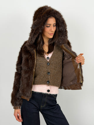 Pelliccia con Zip e Cappuccio Bormio Marrone