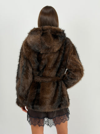 Pelliccia con Cintura e Cappuccio Megève Marrone