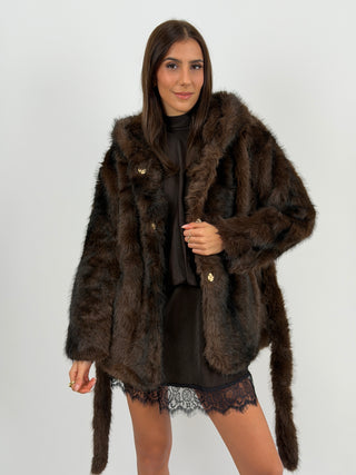 Pelliccia con Cintura e Cappuccio Megève Marrone