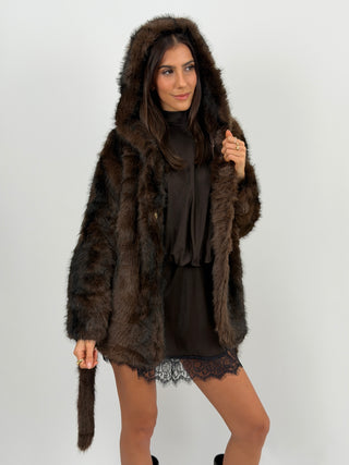 Pelliccia con Cintura e Cappuccio Megève Marrone