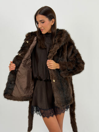Pelliccia con Cintura e Cappuccio Megève Marrone