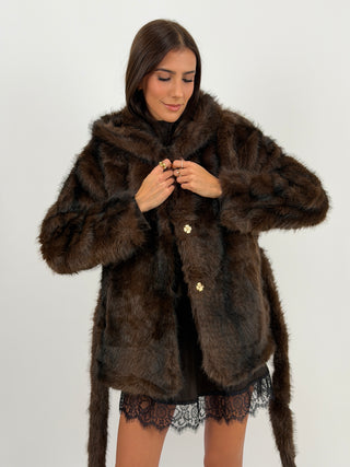 Pelliccia con Cintura e Cappuccio Megève Marrone