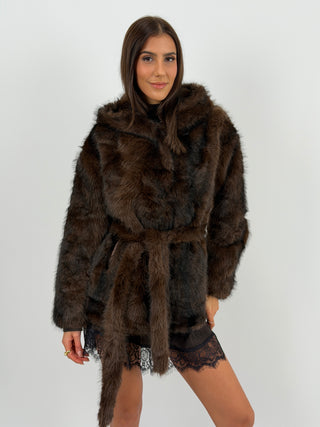 Pelliccia con Cintura e Cappuccio Megève Marrone