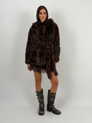 Pelliccia con Cintura e Cappuccio Megève Marrone