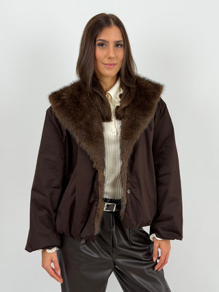 Giubbotto Imbottito con Collo in Pelliccia Marrone