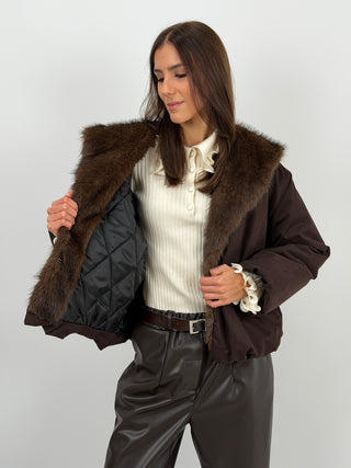 Giubbotto Imbottito con Collo in Pelliccia Marrone