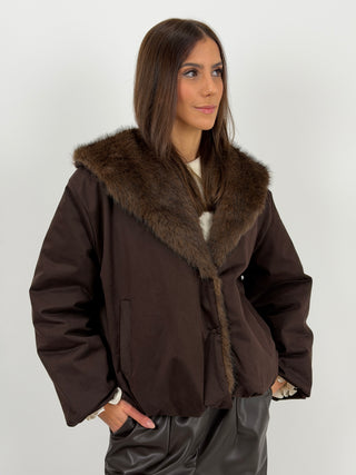 Giubbotto Imbottito con Collo in Pelliccia Marrone