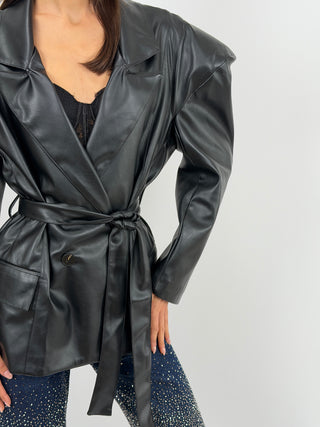 Blazer Nero in Eco Pelle con Cintura