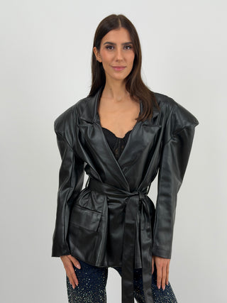 Blazer Nero in Eco Pelle con Cintura