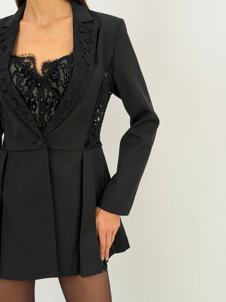 Blazer Lungo con Inserti in Pizzo Nero
