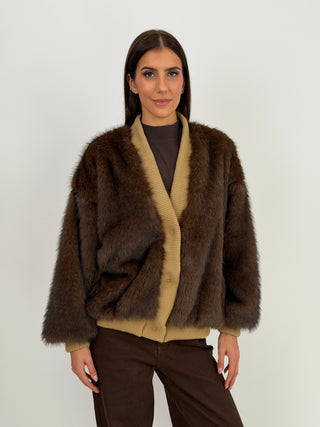 Giacca in Pelliccia con Bordi Cammello