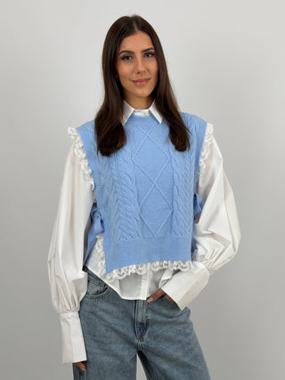 Gilet Lavorato Azzurro con Pizzo